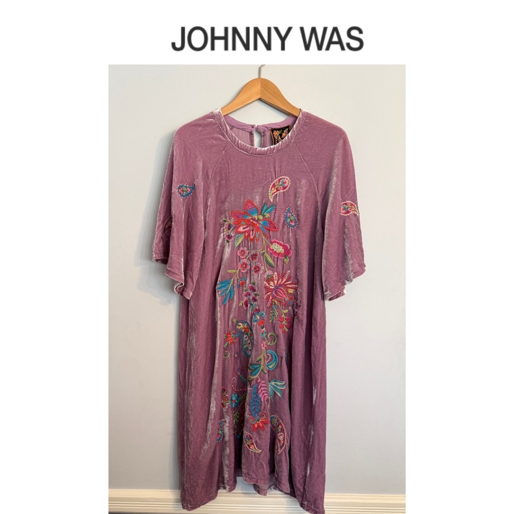 Johnny Was Velvet Silk Blend Flutter Sleeve Embroidered Dress